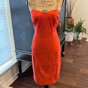 Vakko orange suede dress with gold studs and bolero jacket